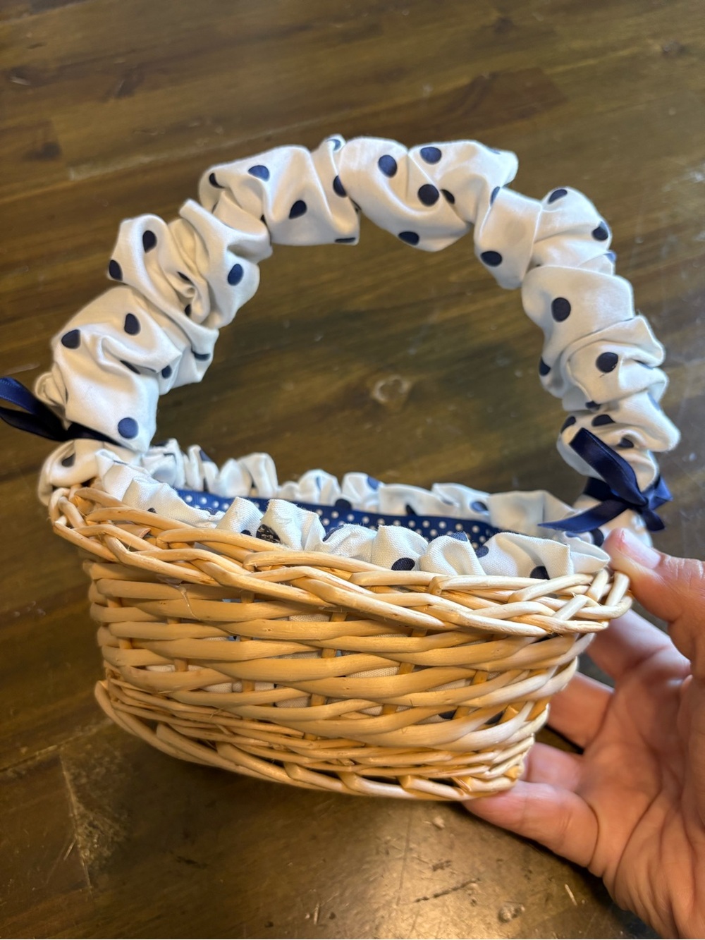 Vintage Mini Hand Woven Basket Fabric Lined Polk A Dot Bow Ruffles Small